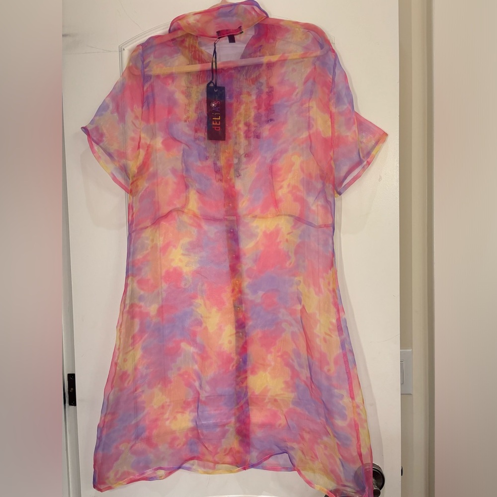 Dolls Kill Pastel Tie-Dye Sheer Button-Up Dress in Pink, Yellow & Purple - Picture 3 of 3